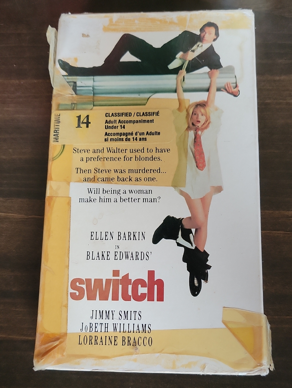 Switch (VHS) — White & Yellow Movie Tape Featuring Ellen Barkin